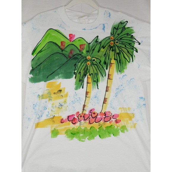 Vintage Puff Paint White T-shirt Palm Trees Faded Tag One Size Fits Large - Picture 2 of 9